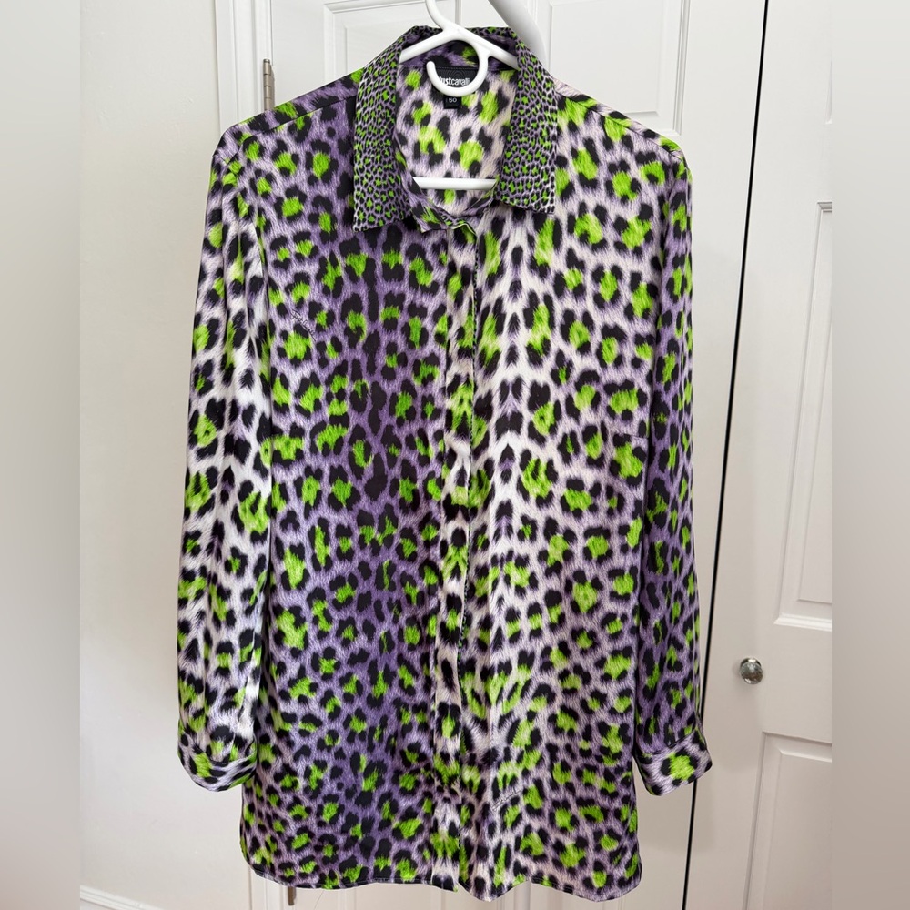 Preloved Just Cavalli Purple and Green Leopard Animal Print Blouse Size 50 - Picture 2 of 9
